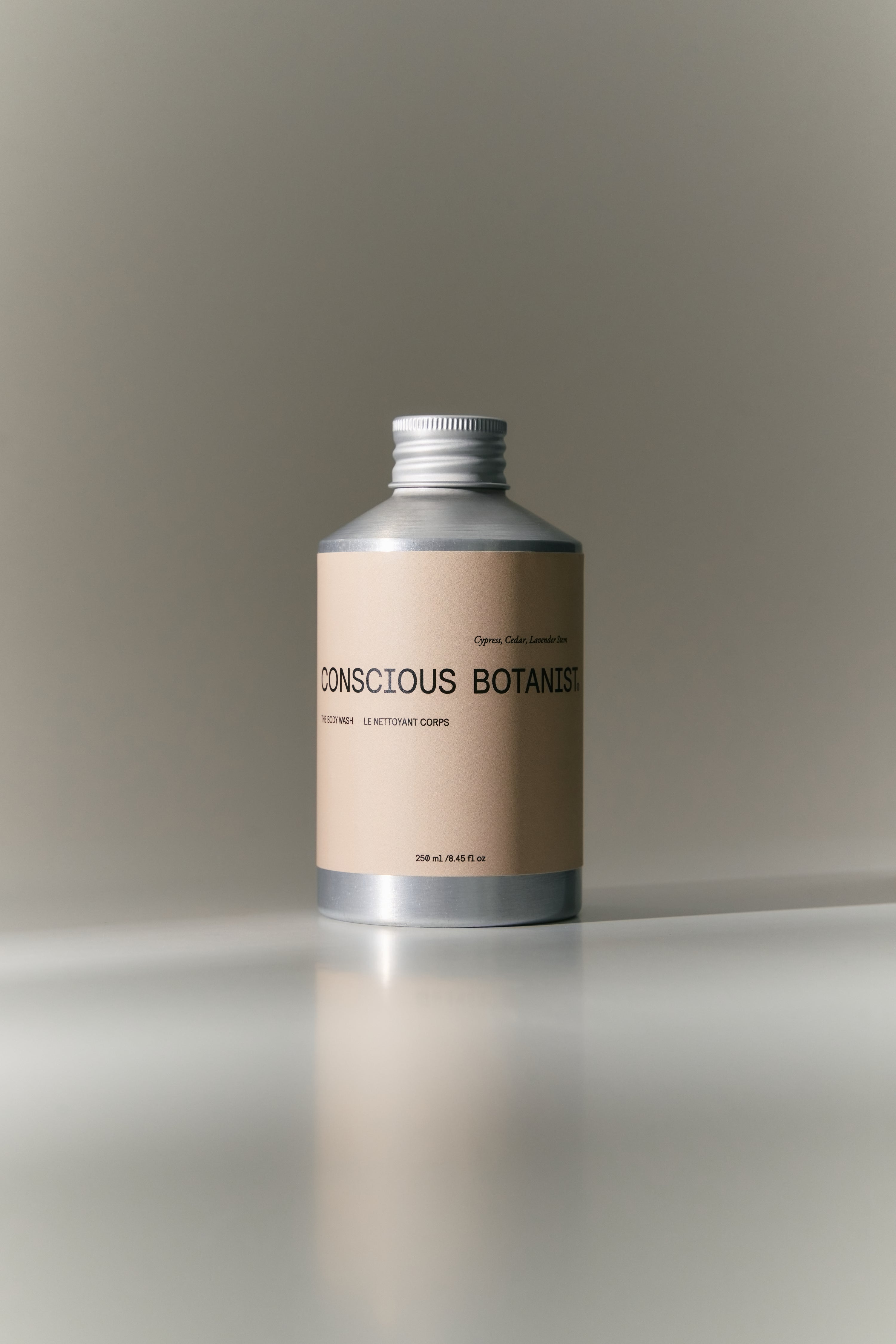 Natural botanical shower gel, marula oil and essential oils for a luxurious shower experience, product container.